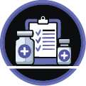 Healthcare icon - medicine bottles and clipboard with checkmarks